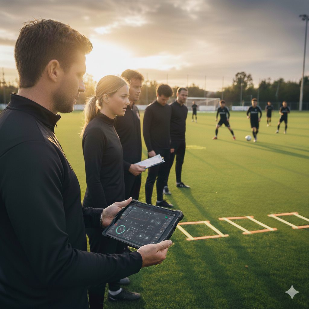 Coaching staff planning a session on the training pitch