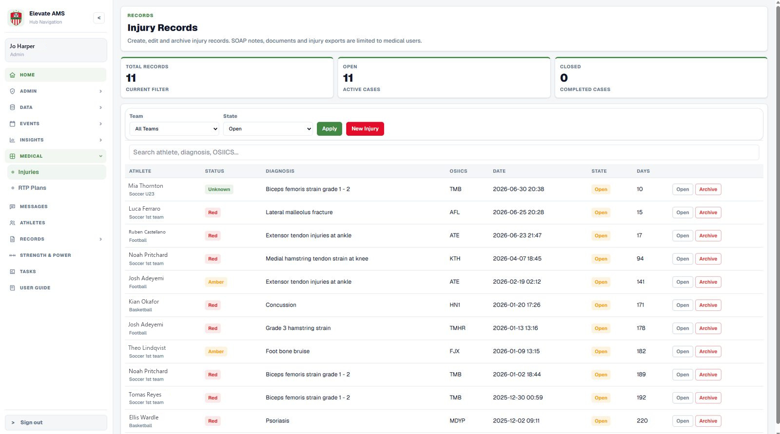 Injury records list with OSIICS codes and status