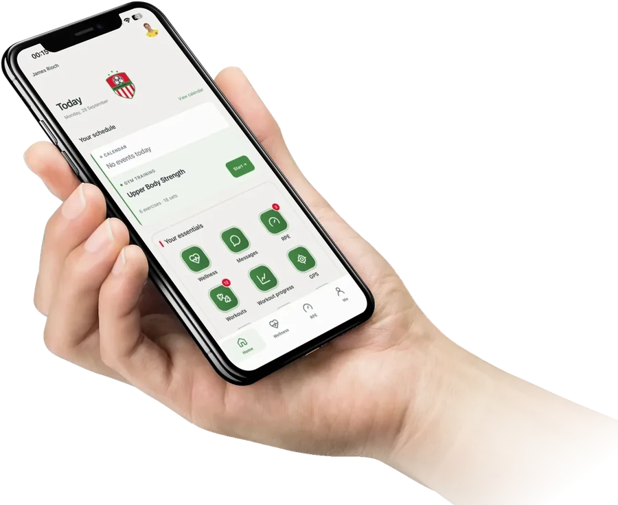 The Elevate Athlete App home screen held in a hand, showing today's schedule and essentials
