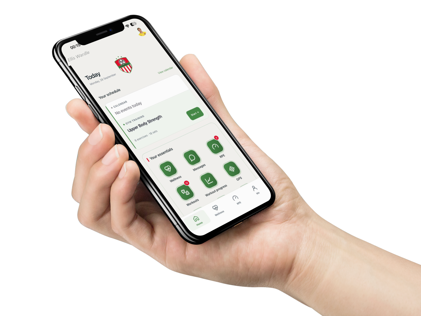 Athlete App home screen with messages on a phone held in a hand