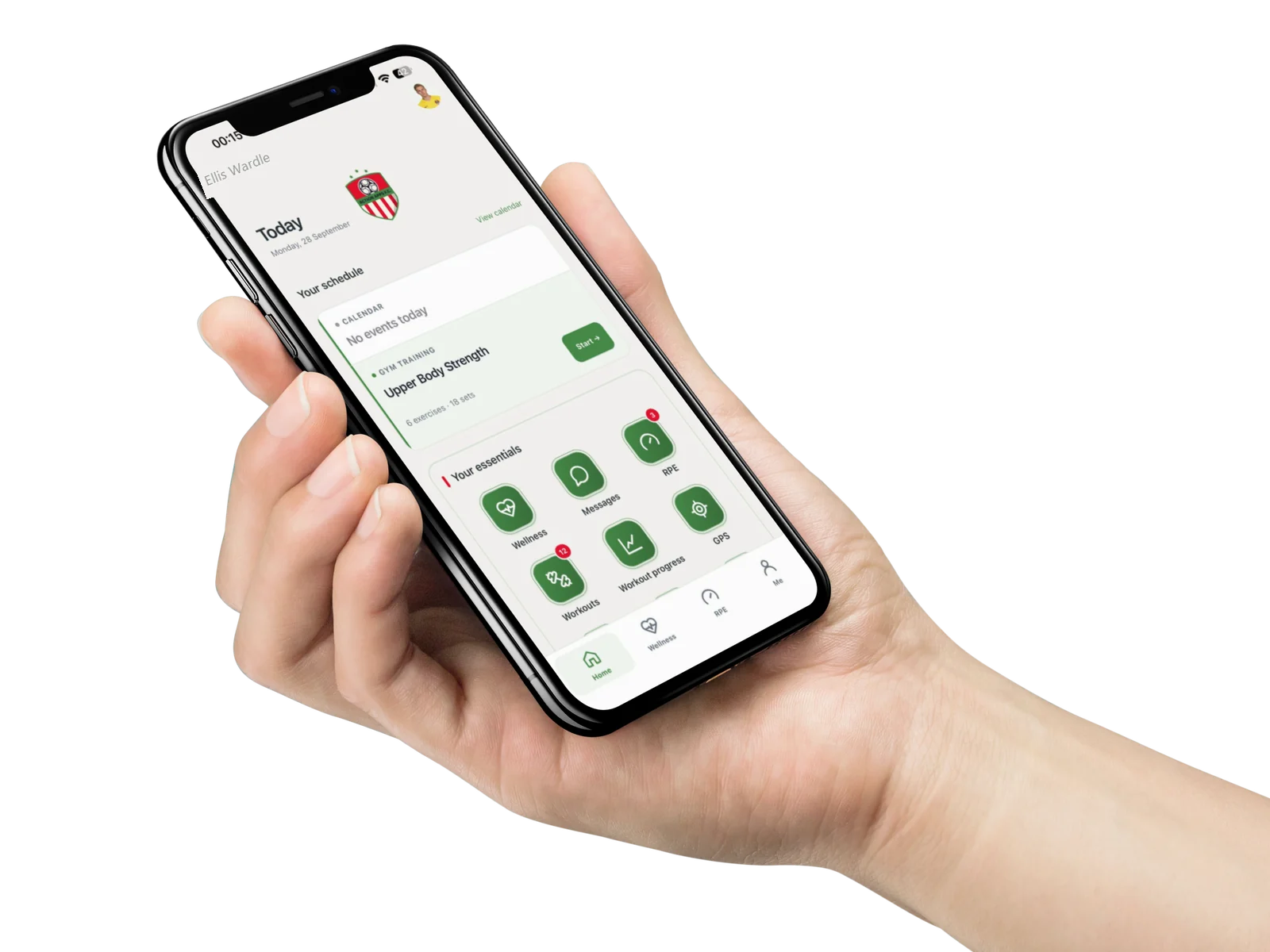 A hand holding a phone showing the Athlete App home screen in a club's colours