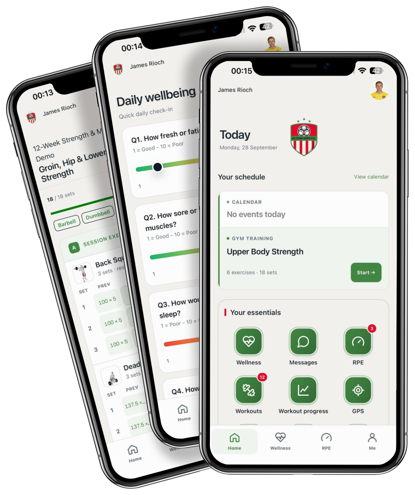 Athlete App Today card and screens across three phones