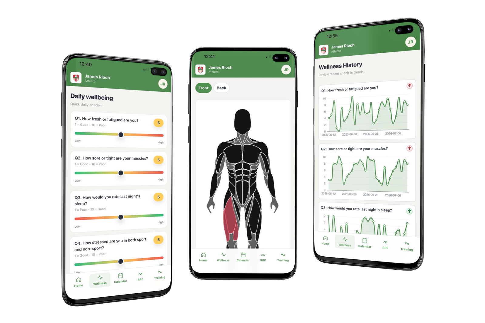 Wellness questions, body soreness map and wellness data in the Athlete App